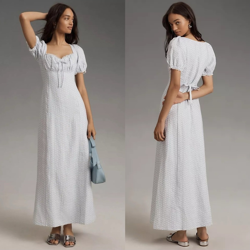 NWOT Reformation Cherise Linen Maxi Babydoll Empire Waist Dress Blue White 6
